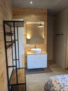 a bathroom with a sink and a ladder in a room at Cosy chalet in nature in Bastogne