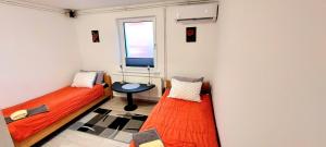 2 Betten in einem Zimmer mit Fenster in der Unterkunft JO-MA APARTMENT - SAFE parking and chrg station in Koseze