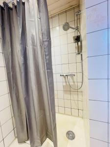 W łazience znajduje się prysznic z zasłoną prysznicową. w obiekcie aday - Blue Sea apartment with balcony w mieście Frederikshavn