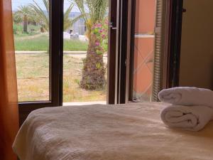 a bedroom with a bed and a window with a view at Studio at beautiful beach Kouremenos in Anevató