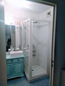 uma casa de banho com um chuveiro e um lavatório. em Au Coeur du Var ! Bienvenue à Draguignan ! em Draguignan