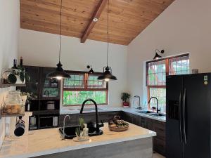 a kitchen with black appliances and a black refrigerator at Palme villa - Venuestay 
