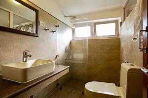 a bathroom with a sink and a toilet and a mirror at Hotel Shambhala Resort in Leh