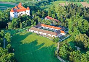 an aerial view of a large building on a green field at Riverside Holiday House in Čatež ob Savi