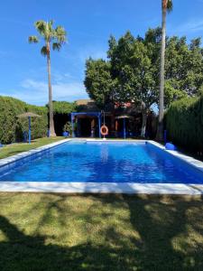 a swimming pool with a playground and palm trees at Villa Marina in Los Palacios y Villafranca