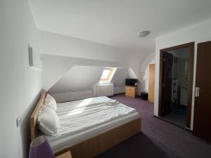 サリシュテにあるPensiunea Classの小さな部屋のベッド1台が備わるベッドルーム1室