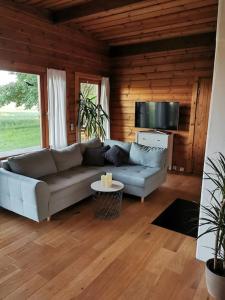 uma sala de estar com um sofá e uma televisão em Chalet am Feldrand em Starzach