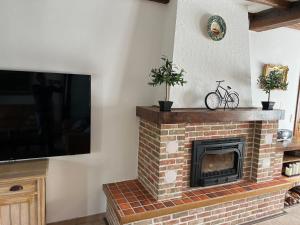 a living room with a brick fireplace and a tv at Villa Jean in Blankenberge