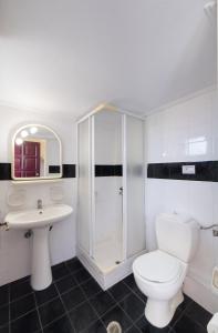 La salle de bains est pourvue de toilettes, d'un lavabo et d'une douche. dans l'établissement Amarandos Studios with swimming pool by Imagine Lefkada, à Tsoukaladhes