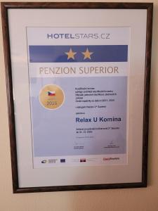 Certifikát, hodnocení, plakát nebo jiný dokument vystavený v ubytování Pension RELAX U Komína