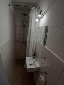 a bathroom with a sink and a shower with a mirror at Boni02 in Gdinj +41 photos