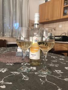 two glasses of white wine next to a bottle of wine at Viola Vendégház Mezőkövesd in Mezőkövesd