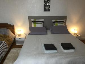 1 dormitorio con 1 cama blanca grande y 2 lámparas en Fontanies en Aubrac en Laguiole