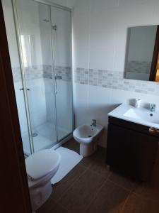a bathroom with a shower and a toilet and a sink at Moradia gémea 2 em Herdade Santa Marta in Zebreira