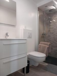 昂熱的住宿－Angers, La Belle De Maine，白色的浴室设有卫生间和淋浴。