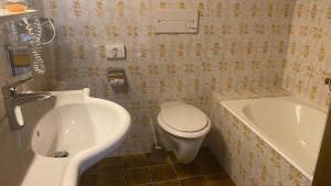 ein Badezimmer mit einem WC, einem Waschbecken und einer Badewanne in der Unterkunft Pension Berta in Waidring