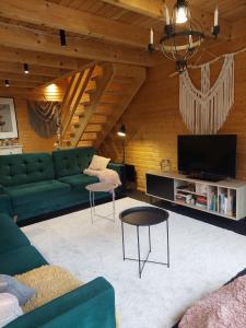 een woonkamer met een groene bank en een tv bij Pauza Drzewoszewo - Dom nad jeziorem 