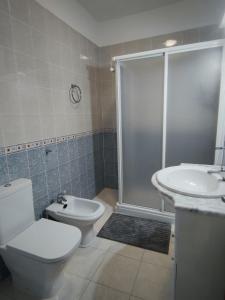 uma casa de banho com um chuveiro, um WC e um lavatório. em Vivienda Balcón al amanecer em Santa Cruz de la Palma