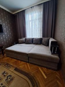 a couch in a living room with a window at Zatyshok in Chernivtsi