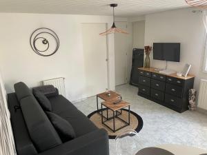 a living room with a black couch and a tv at T2 Cosy in Mende