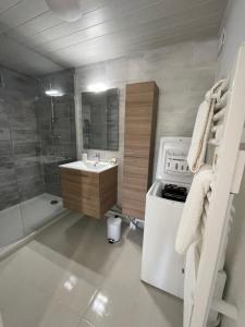 - une petite salle de bains avec évier et cuisinière dans l'établissement Studio cosy, à Mende