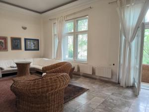 uma sala de estar com cadeiras, um sofá e uma janela em Italian Villa em Turbaţi