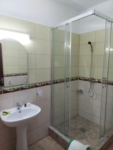 a bathroom with a shower and a sink at Hotel Laguna in Mangalia