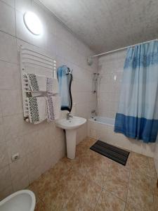 a bathroom with a sink and a toilet and a shower at Zatyshok in Chernivtsi