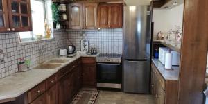 uma cozinha com armários de madeira e um frigorífico de aço inoxidável em sapfo's house em Ágios Ioánnis