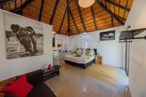 African Sky Villas في مارلوث بارك: غرفة معيشة بسرير وغرفة بسرير ومقهى