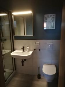 a bathroom with a sink and a toilet and a mirror at AppartementHaus Nienburg in Nienburg