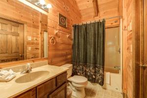 a bathroom with a sink and a toilet and a shower at Fawn Cabin, 1 Bedroom, Sleeps 4, Hot Tub, Private, Pets, Gas Fireplace in Gatlinburg