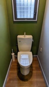 een toilet in een groene badkamer met een raam bij 富士吉田たまきや in Fujiyoshida