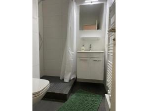 ein Badezimmer mit einem WC, einem Waschbecken und einem Spiegel in der Unterkunft Lived-In Appartement in Bad Urach