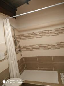 y baño con ducha y cortina de ducha. en Monolocale Belvedere su Porto Rotondo, en Cugnana