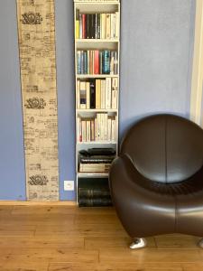 een leren stoel voor een boekenplank met boeken bij King size lounge 76m2 de confort au centre ville in Mulhouse