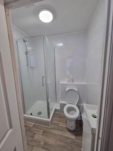 La salle de bains blanche est pourvue d'une douche et de toilettes. dans l'établissement 70 Southfield, à Middlesbrough