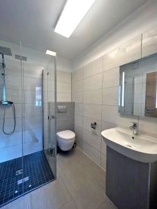 een badkamer met een douche, een toilet en een wastafel bij Landhaus Stedtfeld in Stedtfeld
