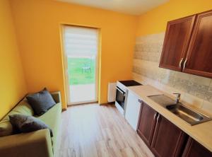 a kitchen with a couch and a sink in a room at Yellow Apartment in Wieliczka