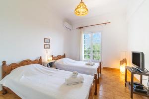 a bedroom with two beds and a tv and a window at Villa Prima in Kato Korakiana
