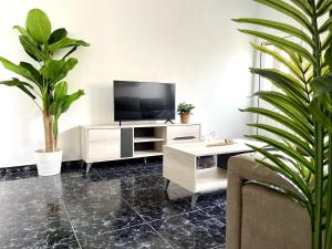 a living room with a tv and a table and a plant at Ca Yaya - Big House with Terraces - Rooftop & Views in Hermigua