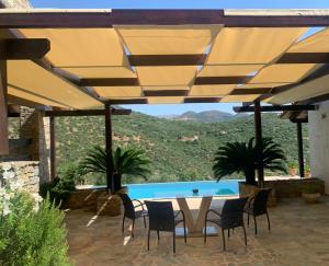 a patio with a table and chairs and a pool at Villa Pebbles in Trikovilón
