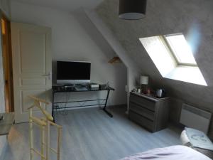 1 dormitorio con 1 cama, TV y ventana en chambres d'hôtes naturistes de la moque souris, en Saint-Pierre-de-Mailloc