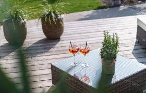 two wine glasses sitting on a table on a patio at Residence Alpina Comfort Nr 1 in Tesimo