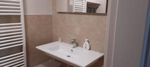La salle de bains est pourvue d'un lavabo blanc et d'un miroir. dans l'établissement Cà Trifolera Barbaresco - Appartamento per 2 o 4 persone immerso nei vigneti - Free Parking Wi-Fi -, à Barbaresco