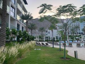 un patio del complejo con sillas y palmeras frente a un edificio en Ocean View Address Beach Resort Fujairah فندق و منتجع شاطئ العنوان الفجيره, en Sharm