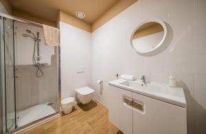 La salle de bains est pourvue d'un lavabo, d'une douche et de toilettes. dans l'établissement Pokoje Bukowiec Folwark i Park, à Bukowiec
