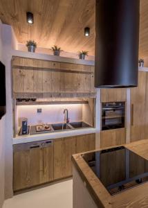 a kitchen with wooden cabinets and a sink at Captain Zeppos in Pollonia