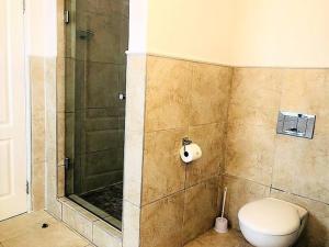 a bathroom with a shower and a toilet in it at Aquarella 1 in Plettenberg Bay