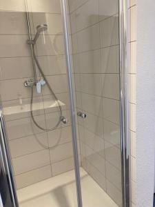 a shower with a glass door in a bathroom at Austernfischer - Haus 12 in Lenste